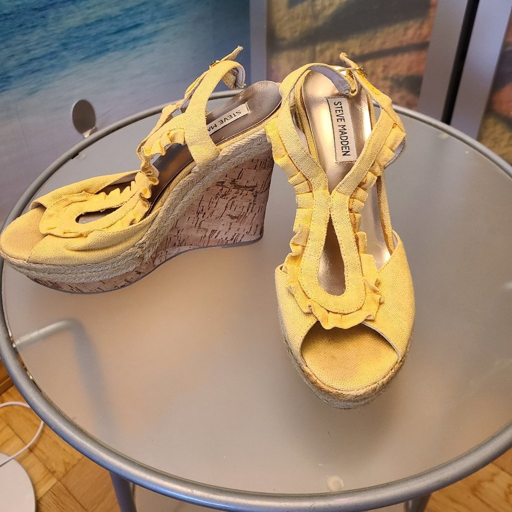 Cork Wedge Yellow Cotton  Genuine Leather Lining